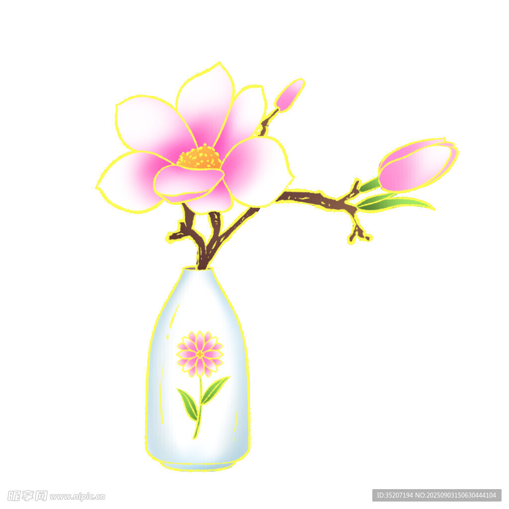 花瓶中绽放的粉色玉兰花