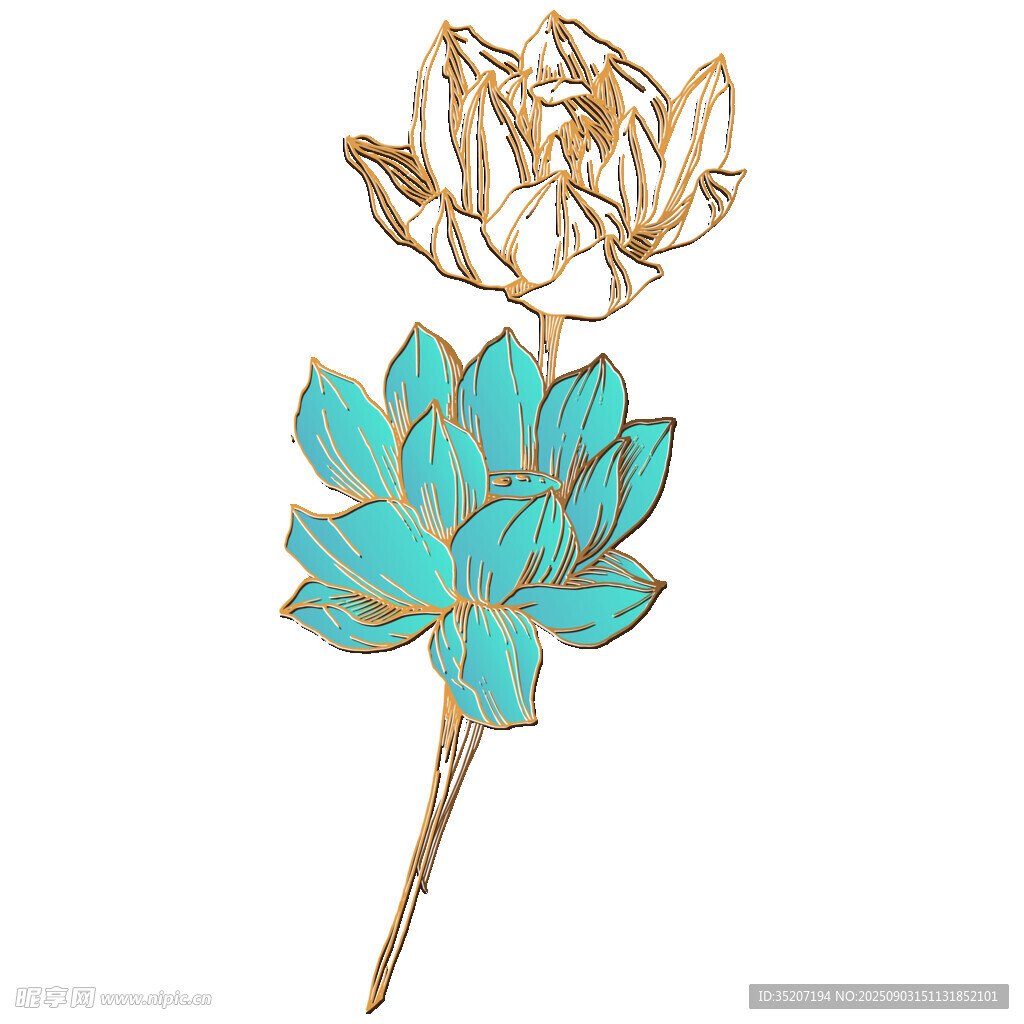 金色蓝色花朵插画
