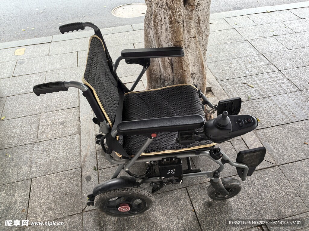 户外停靠在树旁的电动轮椅