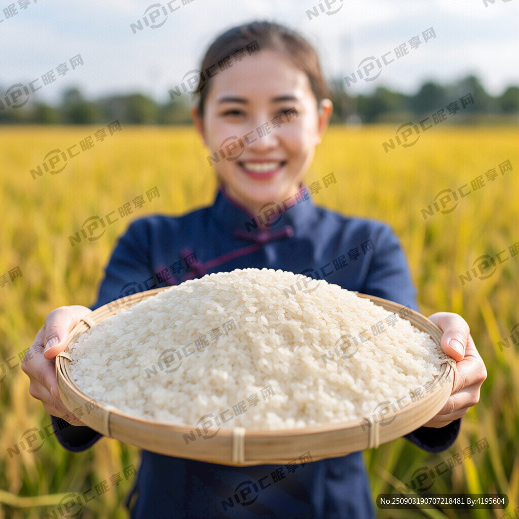 美娘子双手捧着一框大米