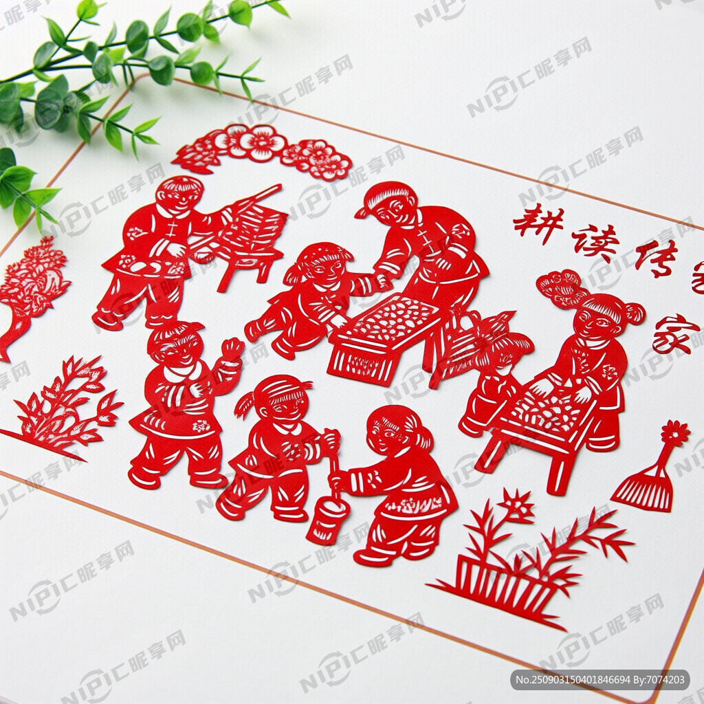 剪纸风格 温馨的古风家庭场景