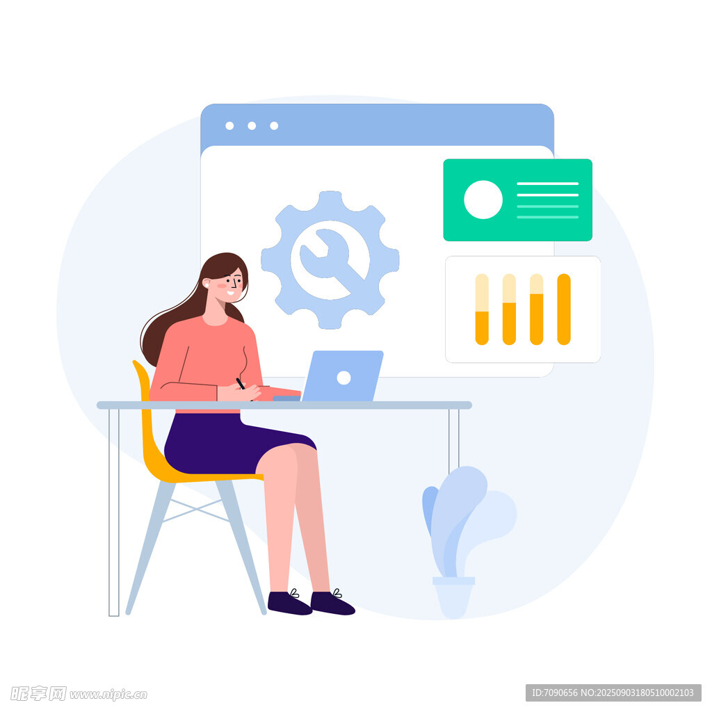 女性在线办公与技术元素
