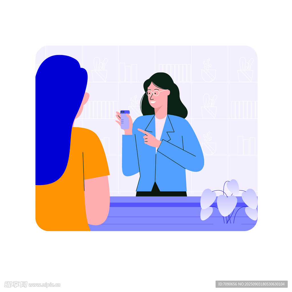 女士柜台前用手机交流场景