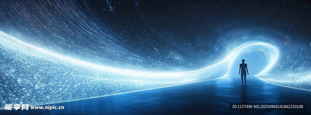 梦幻蓝光隧道中的孤独身影