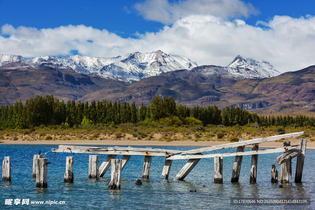 湖畔木桩与远处雪山美景
