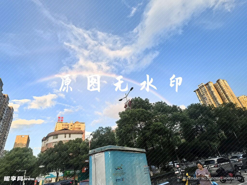 城市蓝天绿树中的雨后彩虹