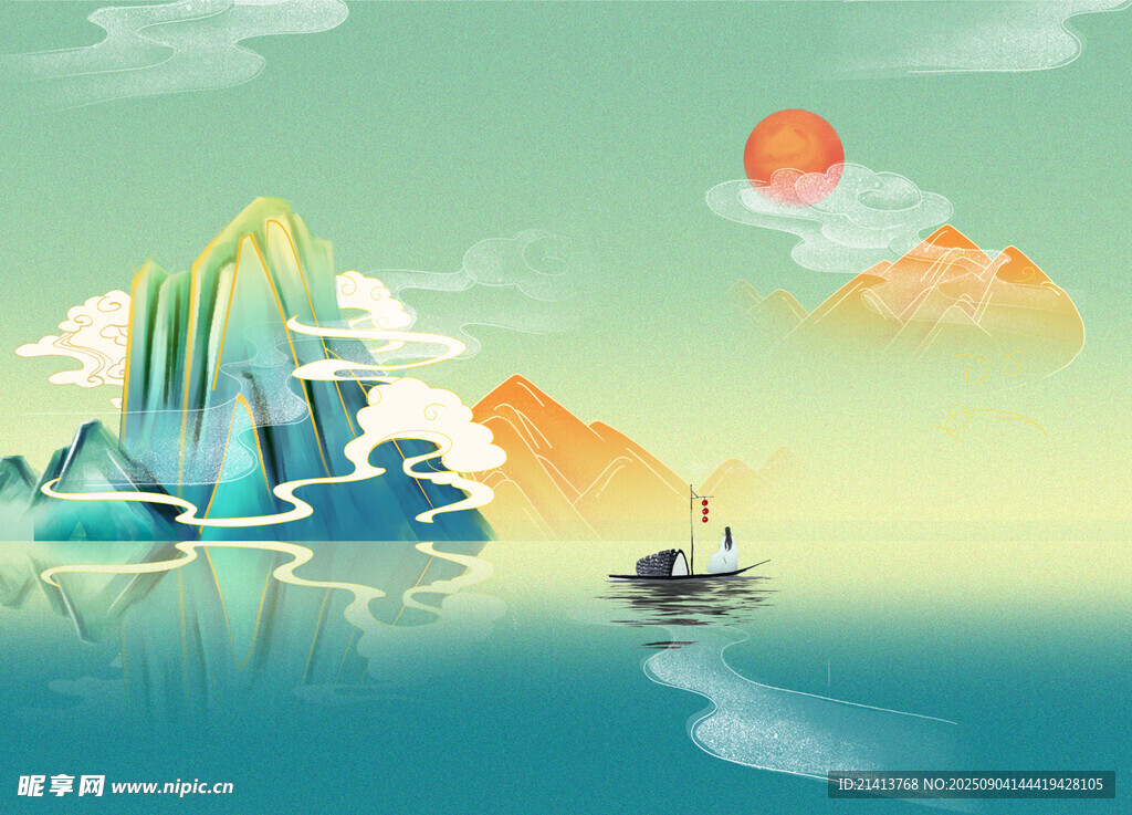 水墨山水间的悠然泛舟景