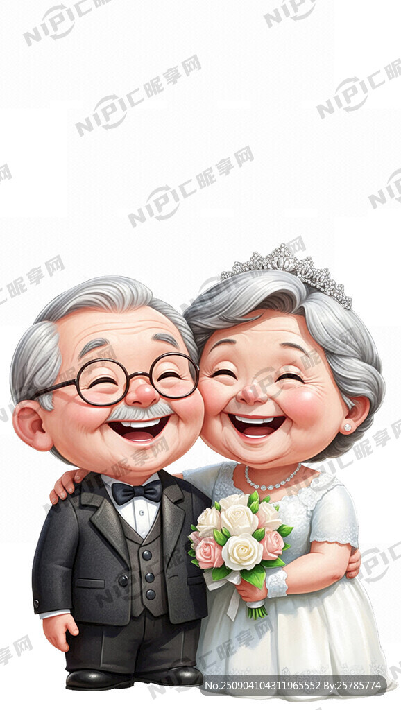 老人 结婚 礼服 卡通 双人