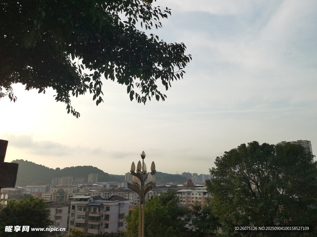 远眺城市远景与绿树相映成趣