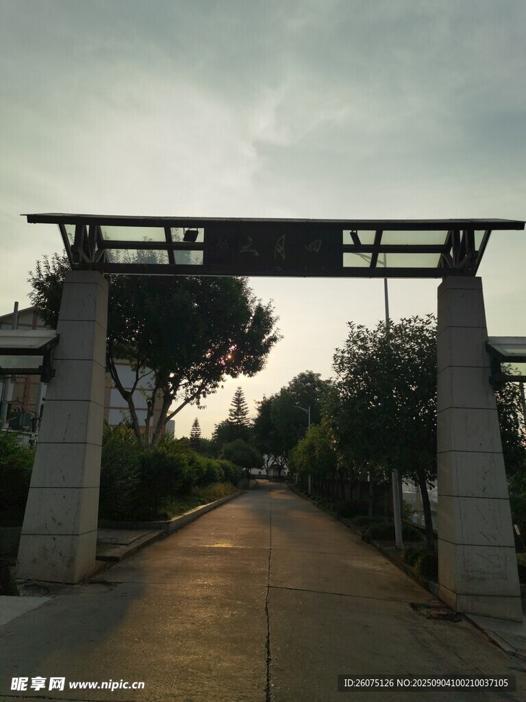黄昏下的户外木质廊架景观