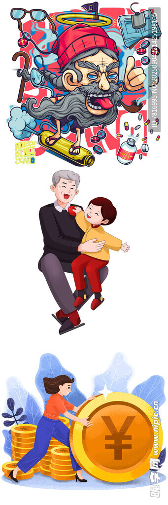 动漫角色与金币插画