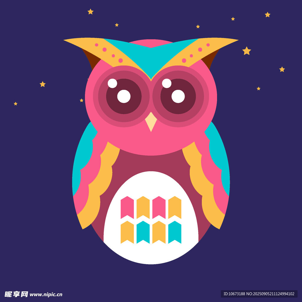 彩色猫头鹰的梦幻星空夜