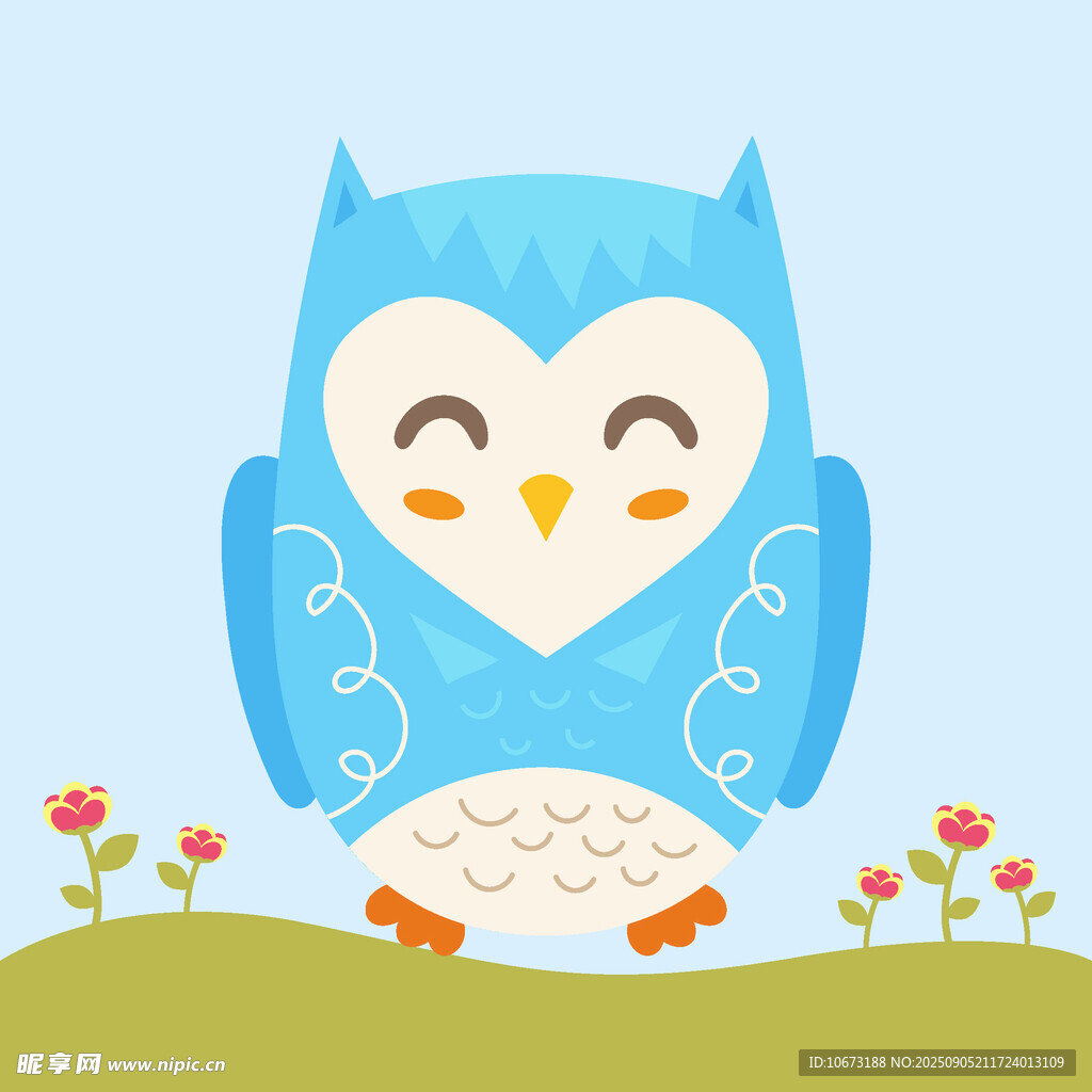 可爱蓝色猫头鹰插画