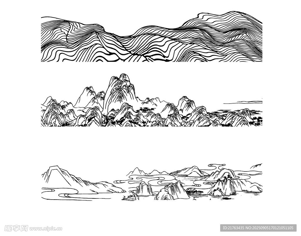 水墨山水风景线条插画