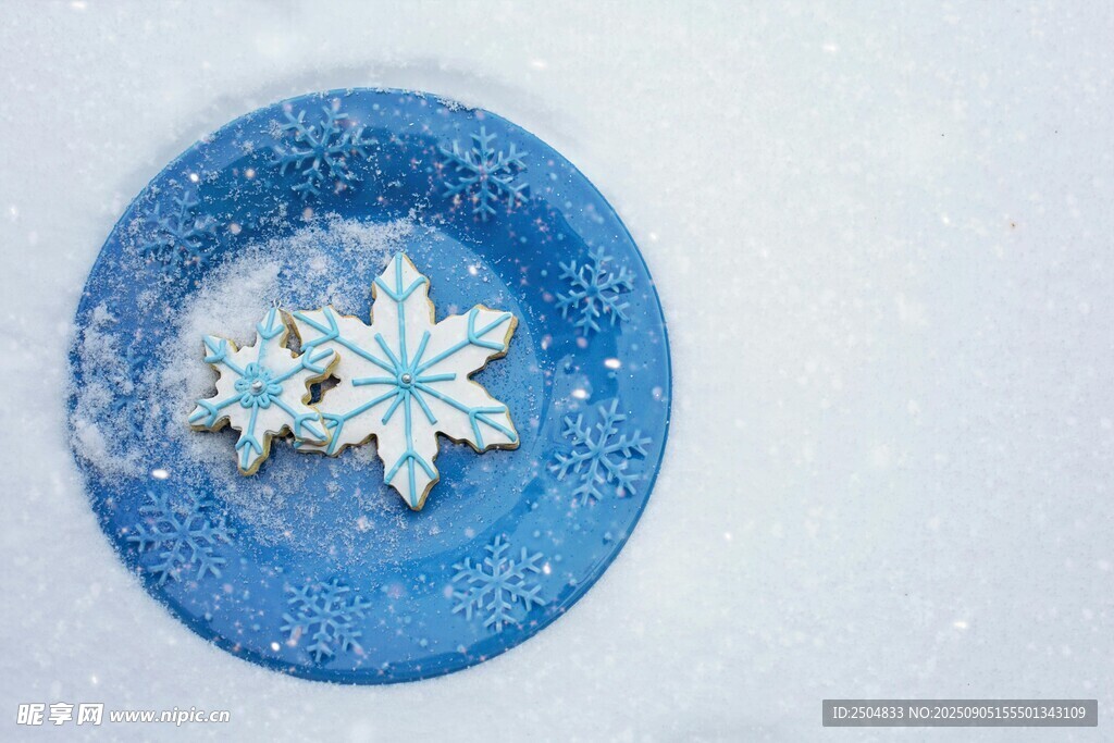 蓝色圆盘上的精致雪花装饰