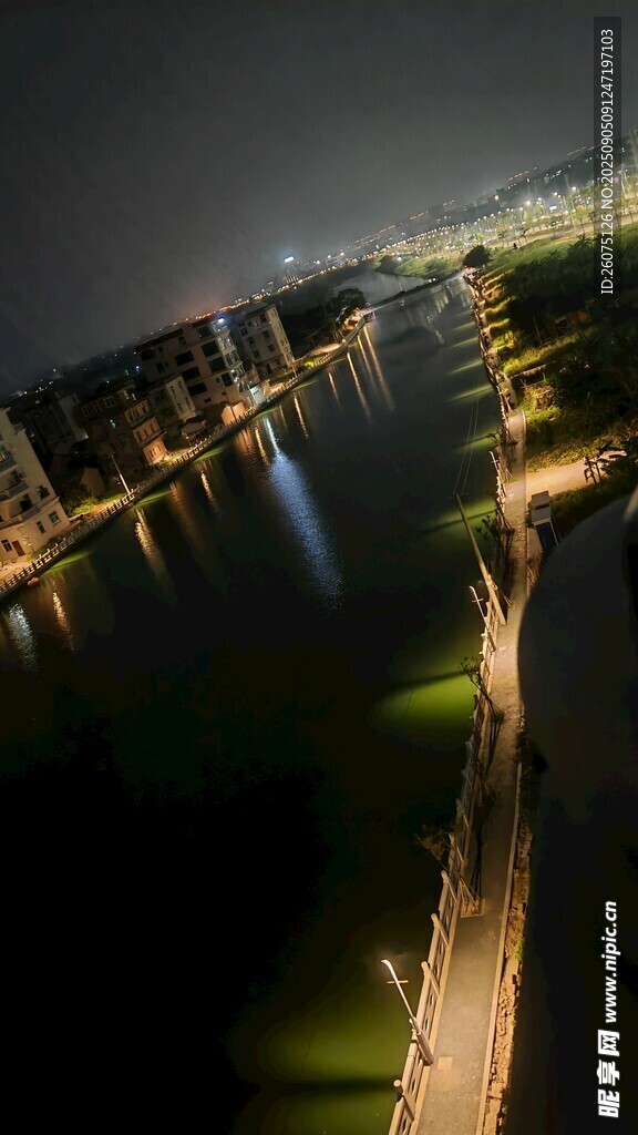 城市河畔灯光璀璨夜景俯瞰