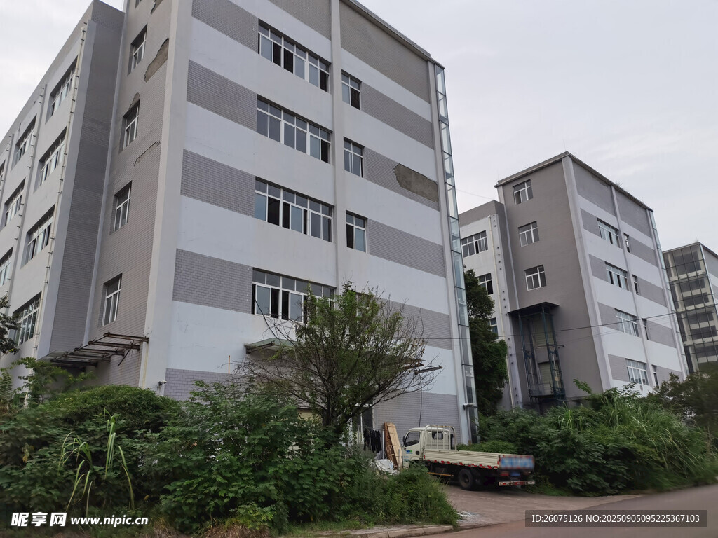 多层灰白建筑与绿植景观