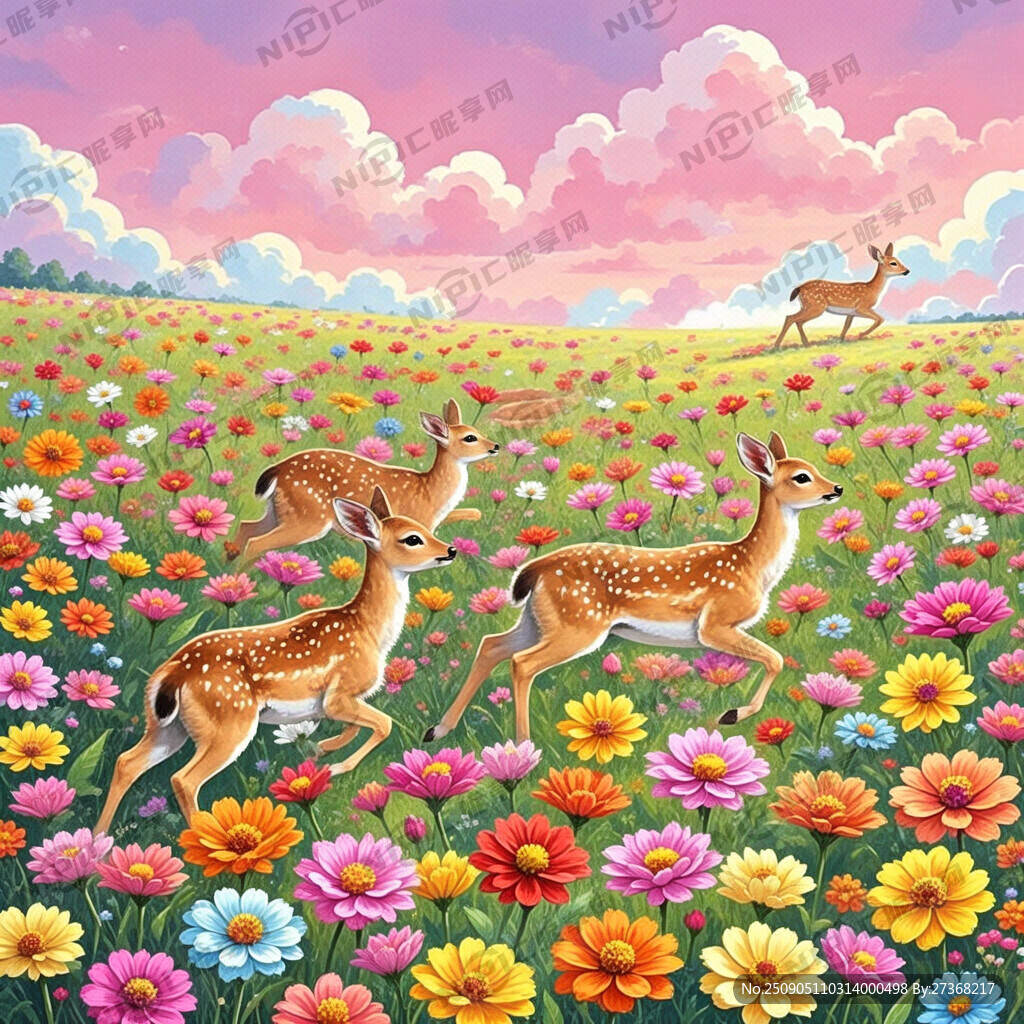 五颜六色的花奔腾的小鹿粉红色的