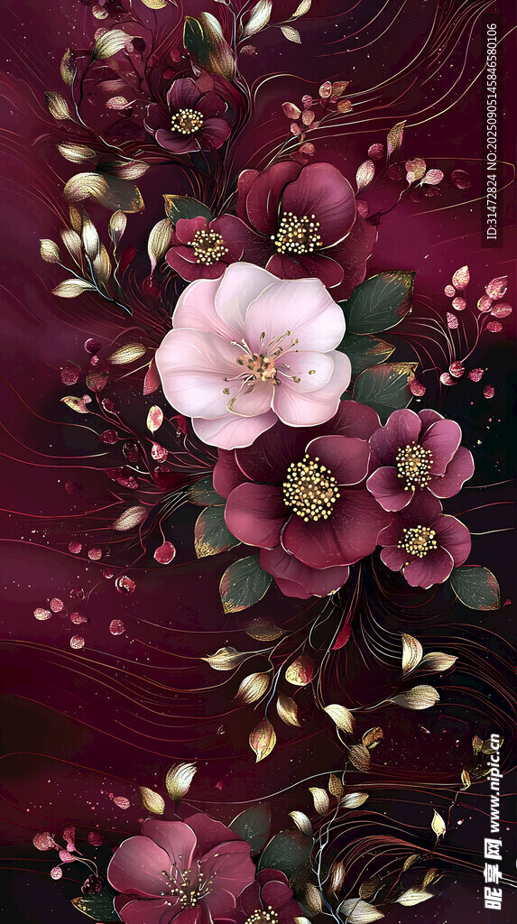 深红背景上的娇艳花卉