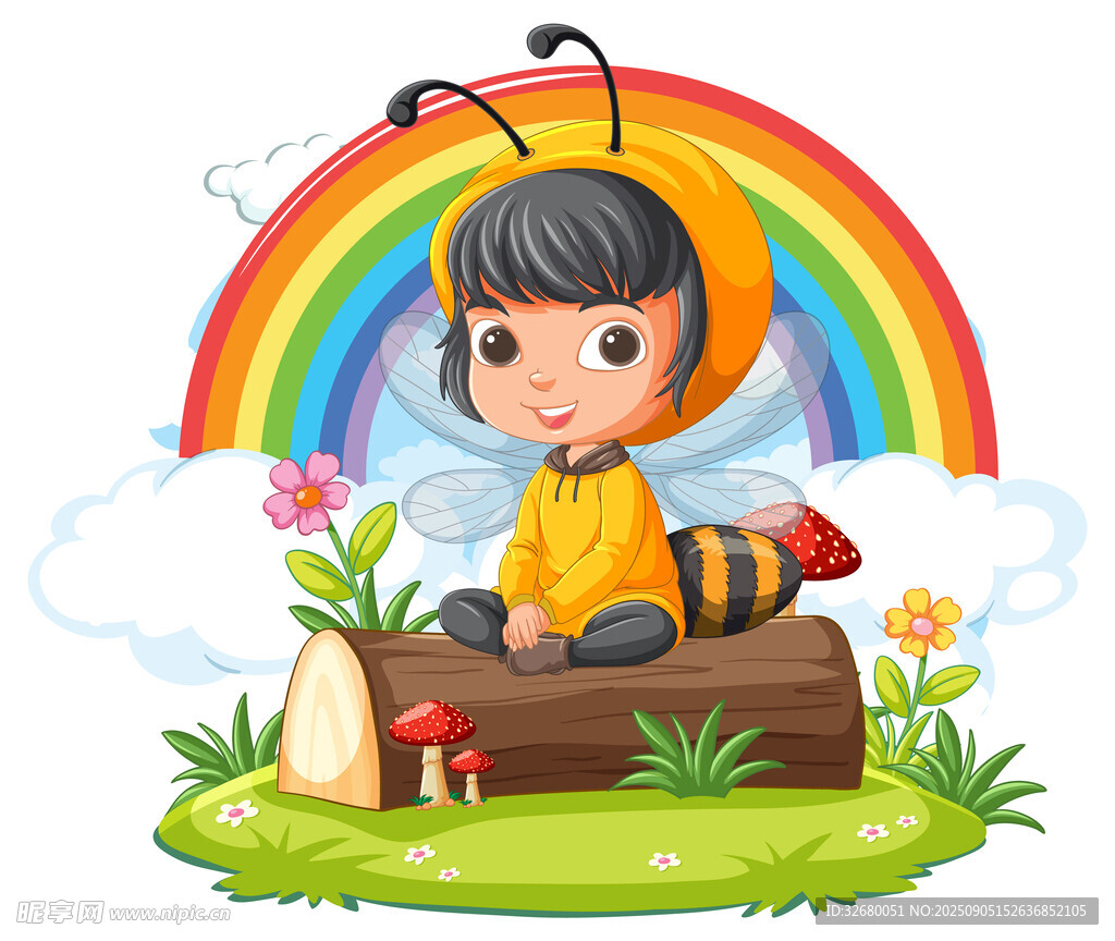 穿蜜蜂装的孩子与彩虹