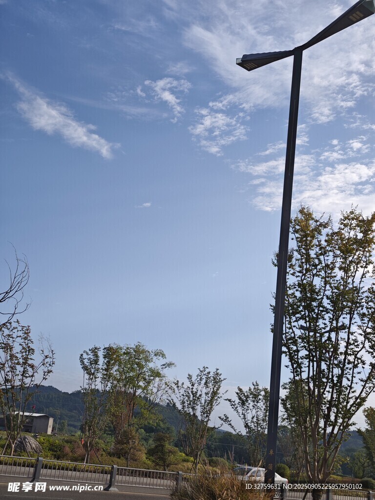 户外路灯与蓝天绿树景观