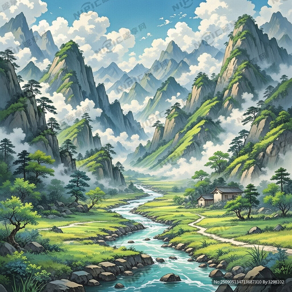 山谷 中国风 中国画 山水