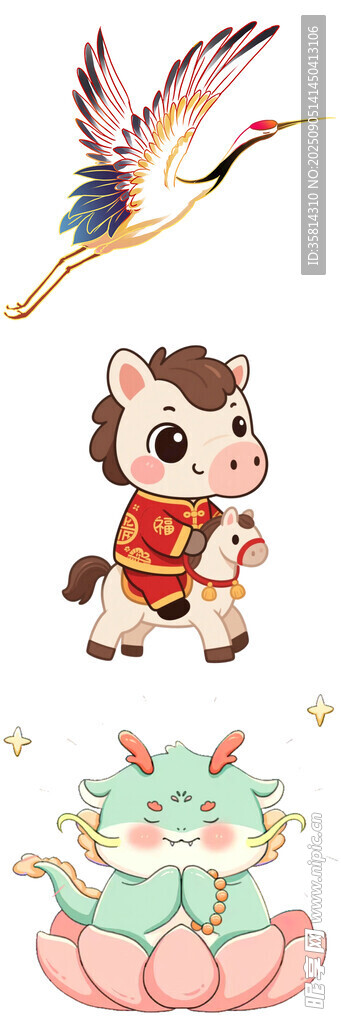 卡通动物与莲花吉祥画面
