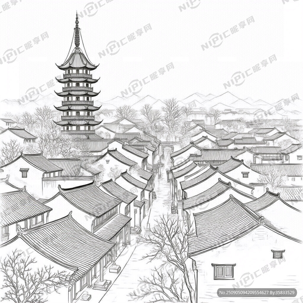 古镇线稿图有阁楼有高塔