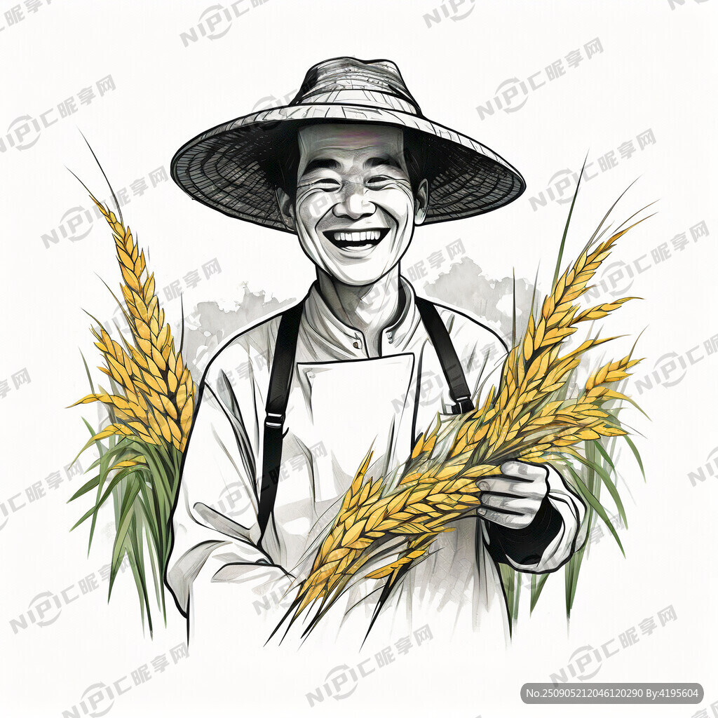 岭南水稻农名微笑插画 黑白素描