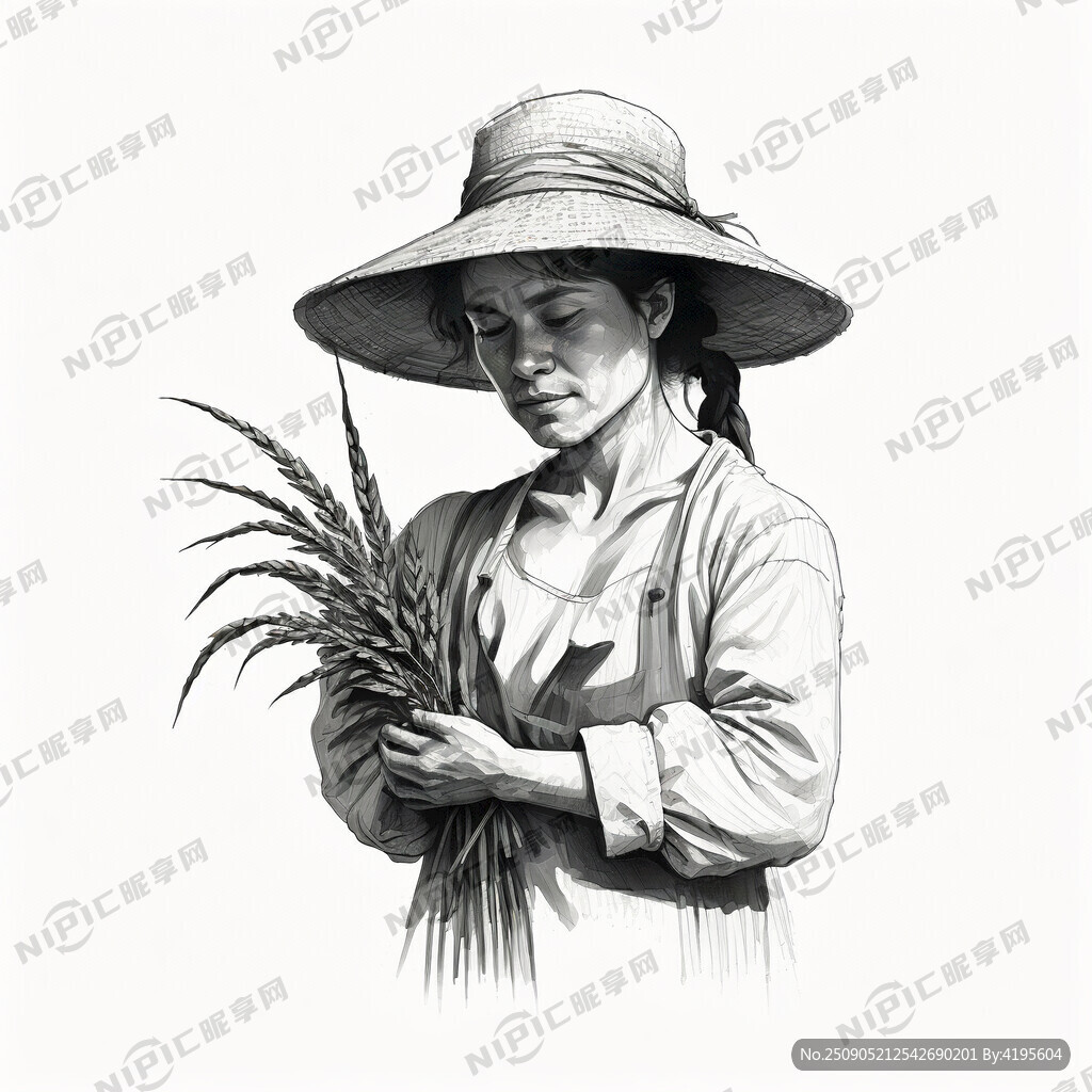 抱水稻农名插画 黑白素描