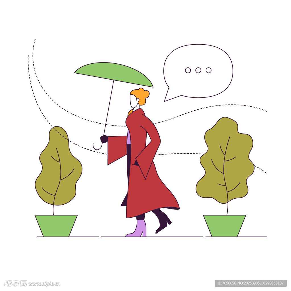 雨中撑伞漫步的红衣行人