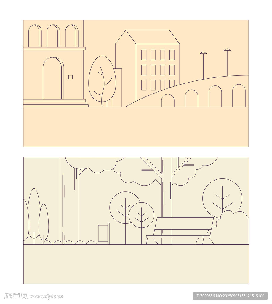 城市与自然景观线条插画