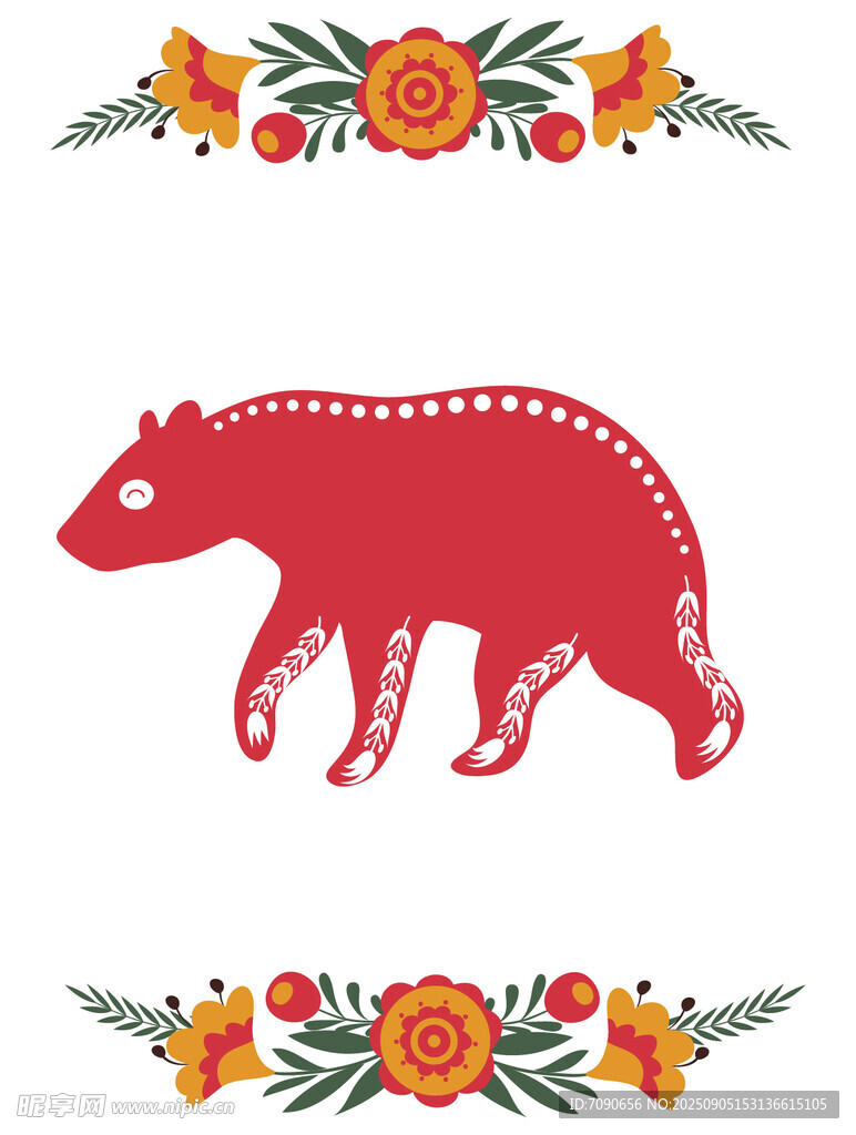 红色野猪图案与花卉装饰