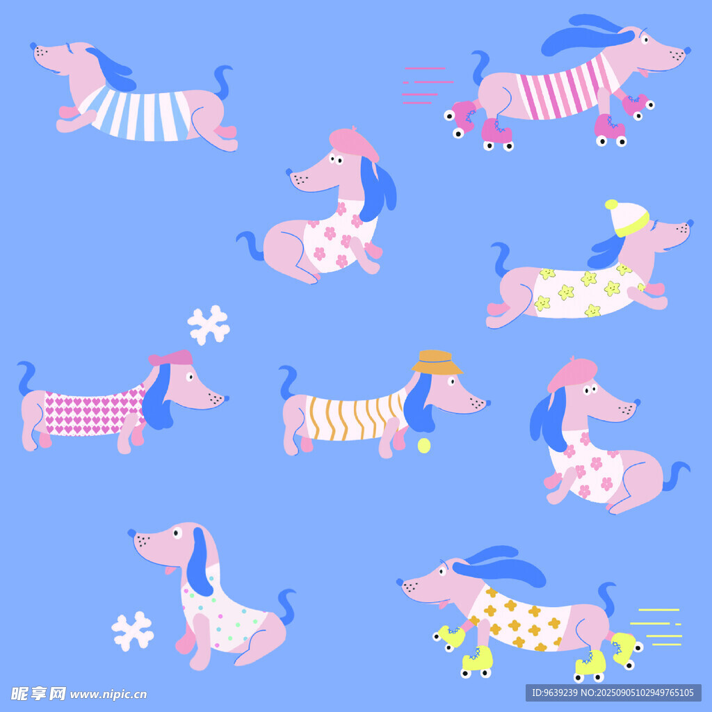 蓝色背景上的多彩小狗图案