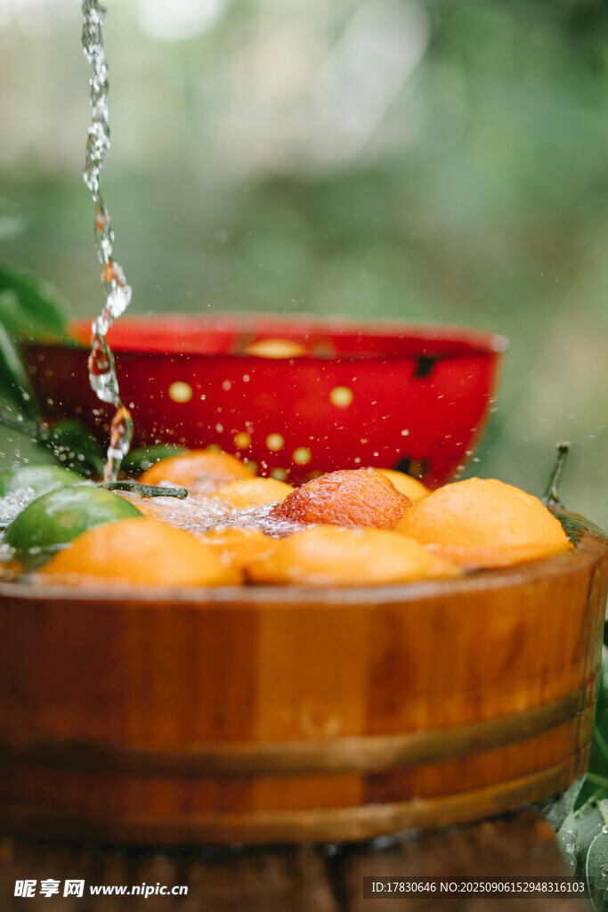 木盘盛杏与红碗的自然景致