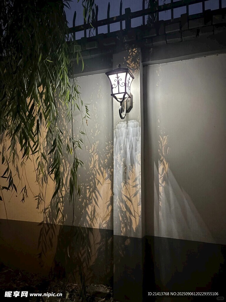 户外壁灯照亮绿植墙面