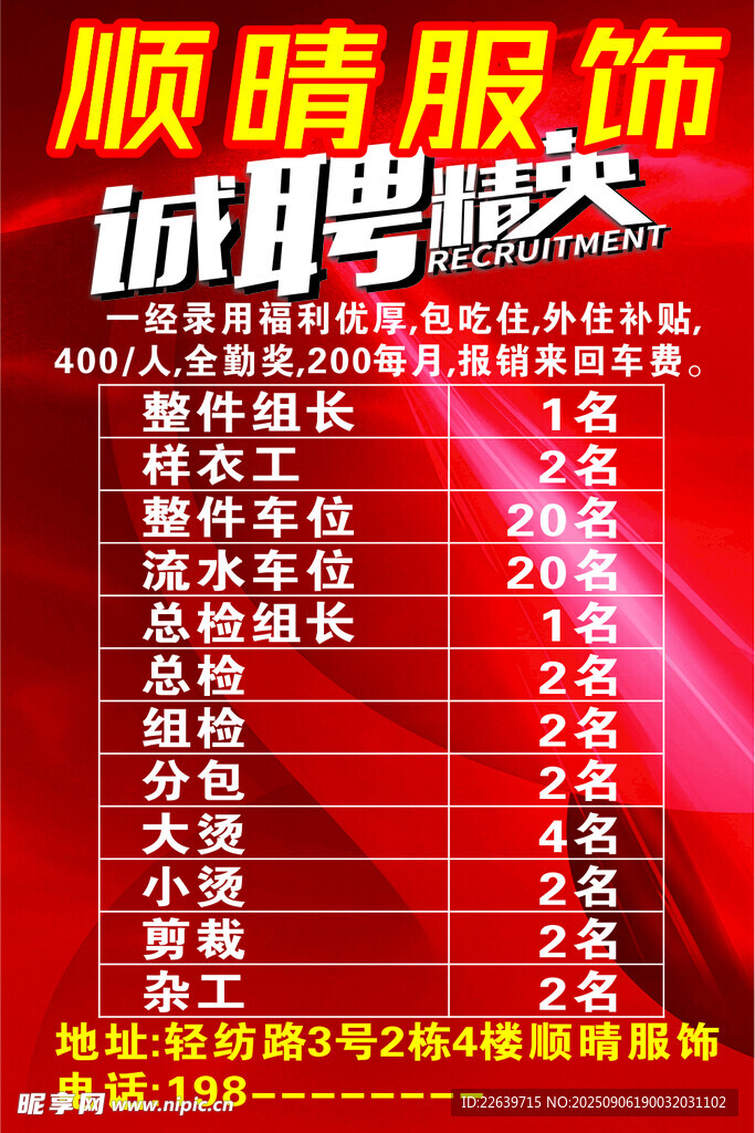 顺晴服饰招工牌