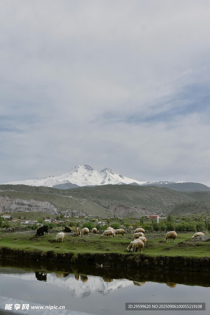 湖畔雪山下的宁静风光