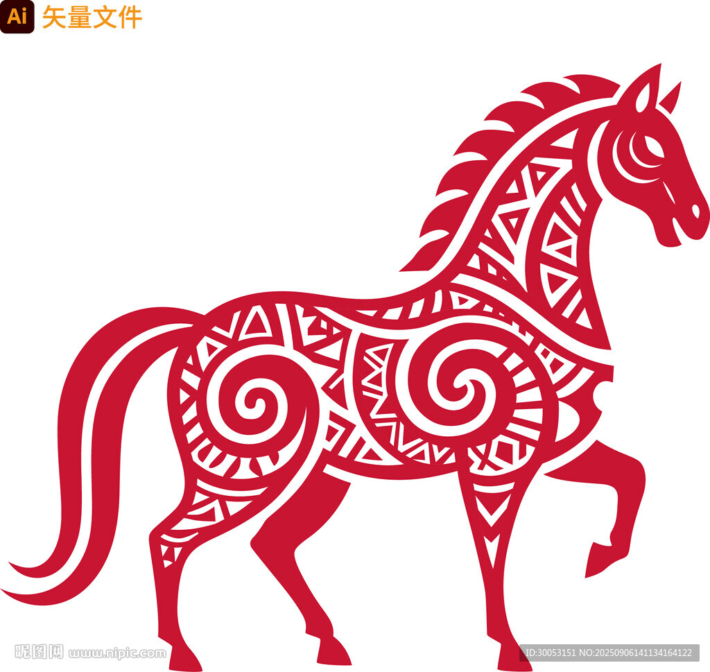 红色剪纸风奔腾骏马图案