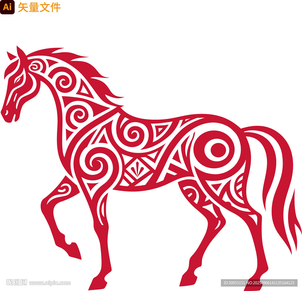 剪纸风红色花纹骏马图案