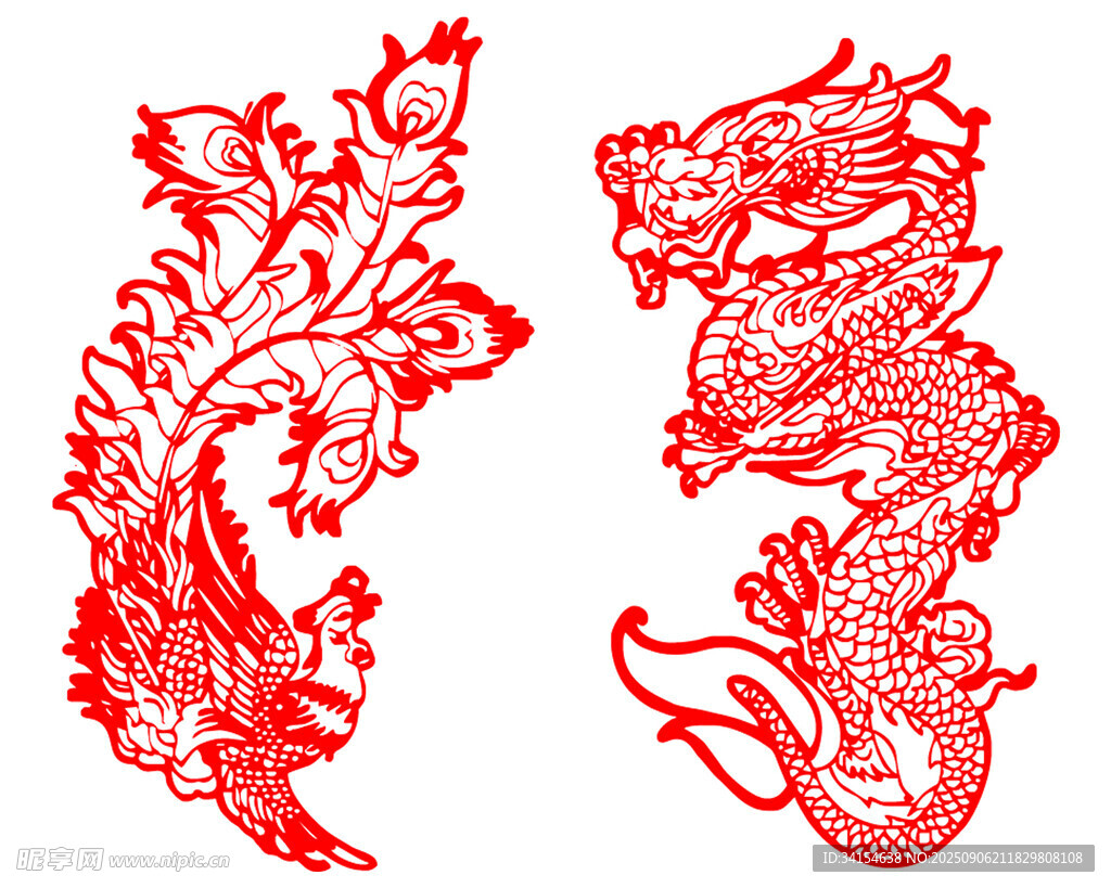 中式传统龙凤剪纸图案