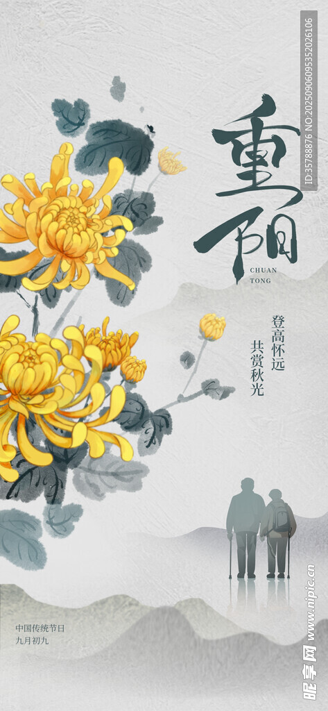 重阳赏菊老人相伴图景