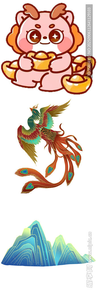 卡通小猪与传统元素图案