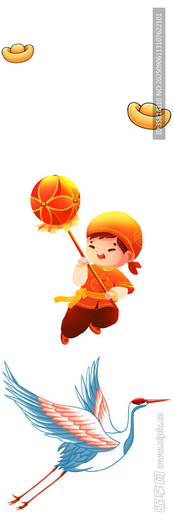 孩童骑鹤捧球祥瑞画面