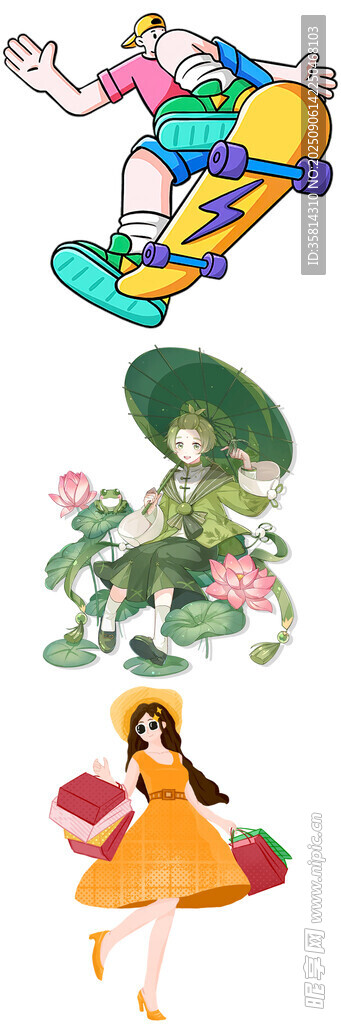 卡通角色与花卉插画