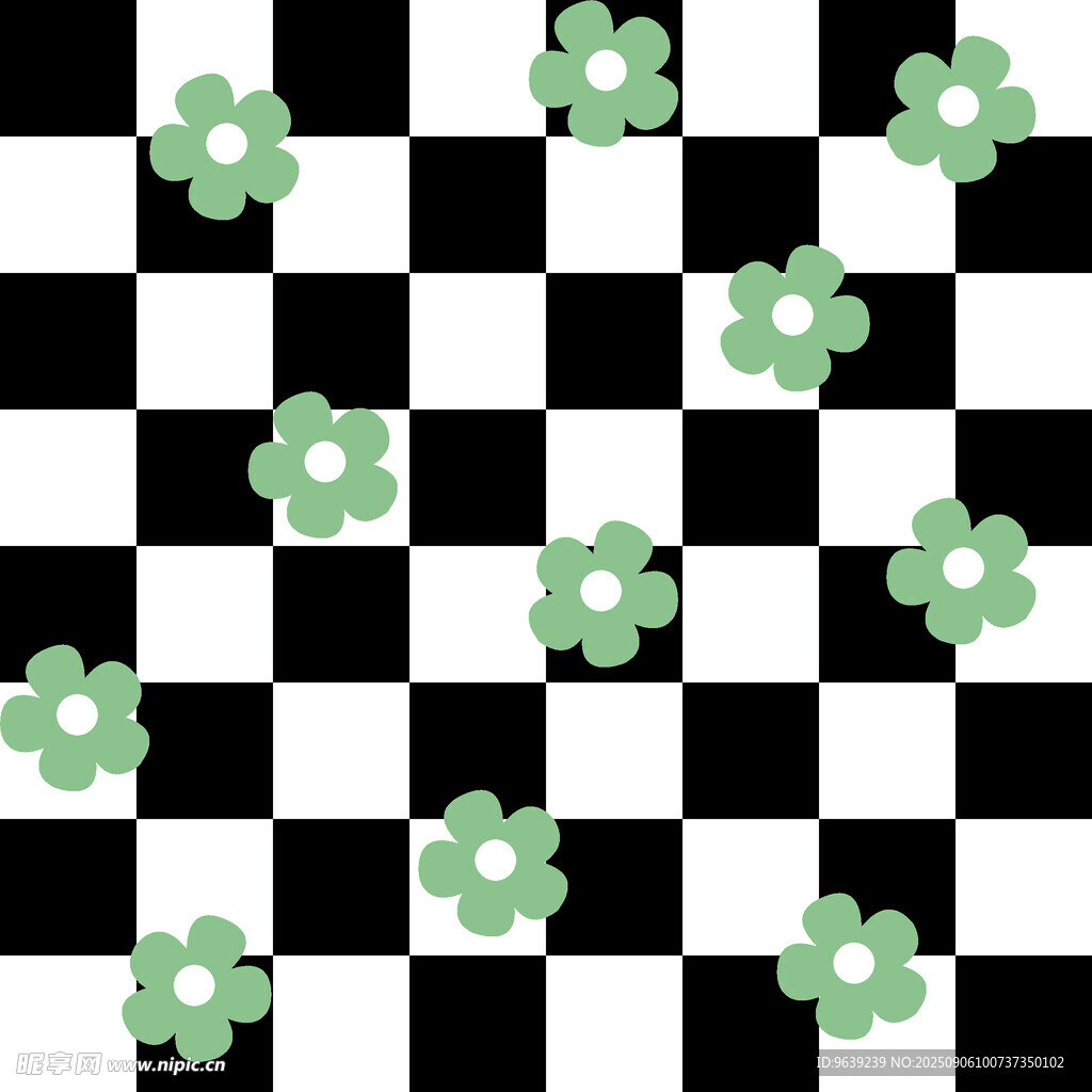 黑白棋盘上的绿色小花