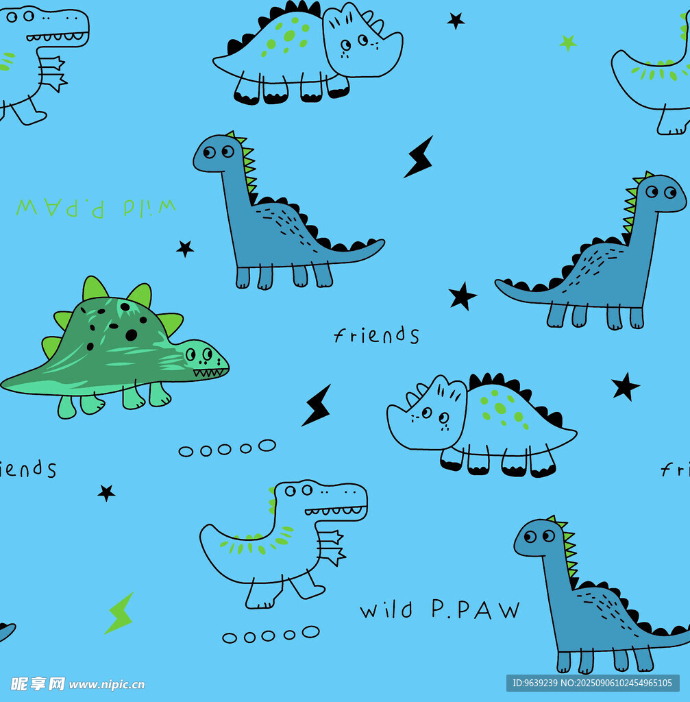 蓝色背景恐龙图案布料