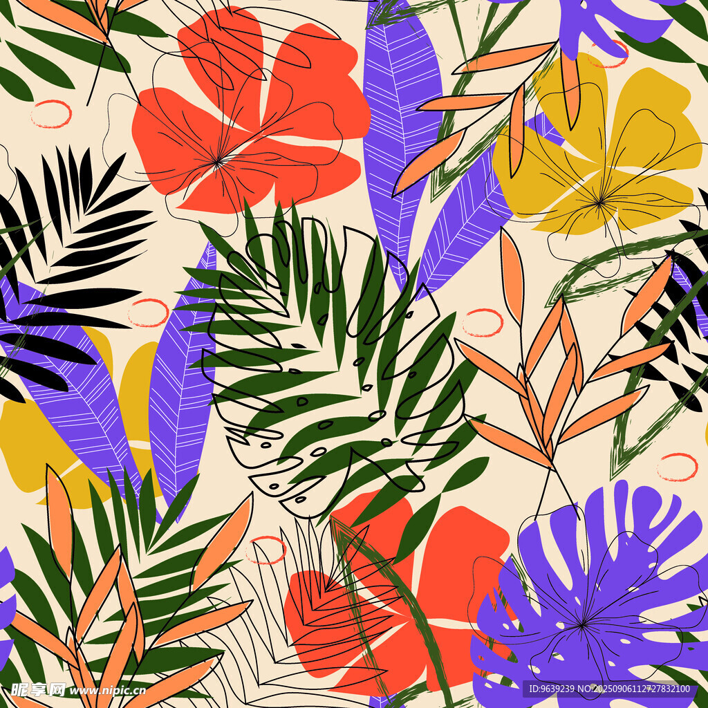 热带花卉植物插画图案
