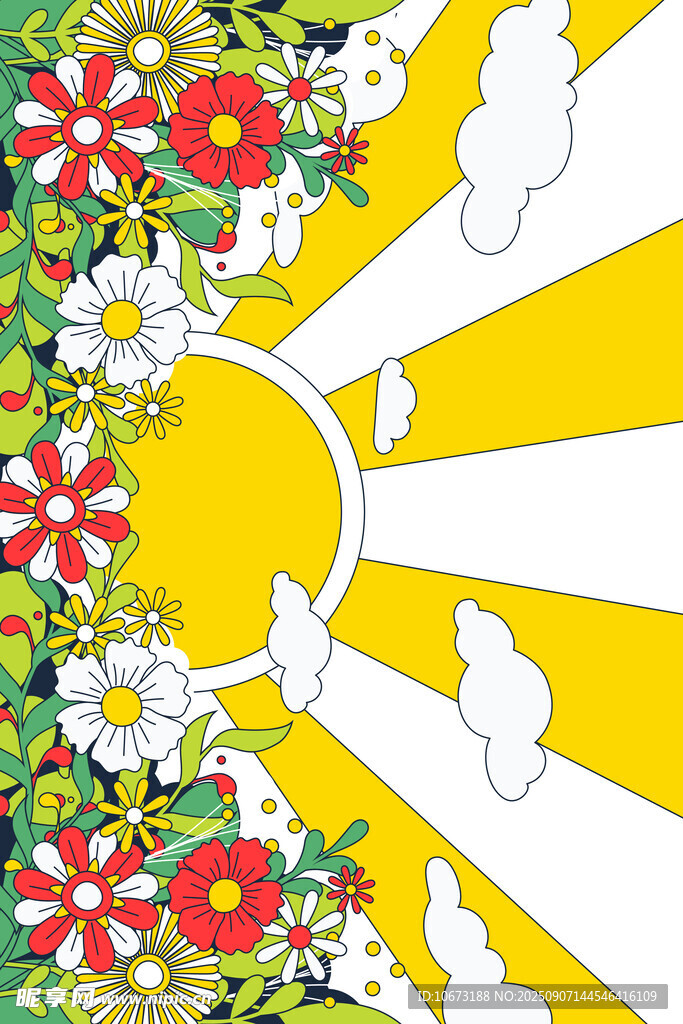 花卉环绕的明亮太阳图案