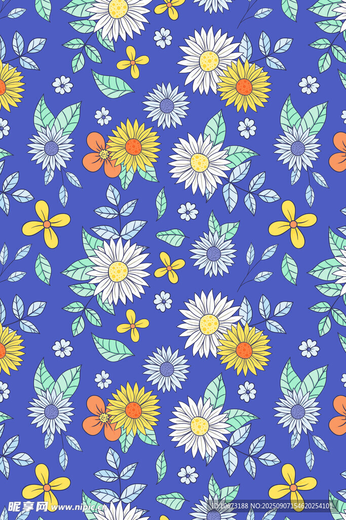 蓝色底小雏菊花卉图案